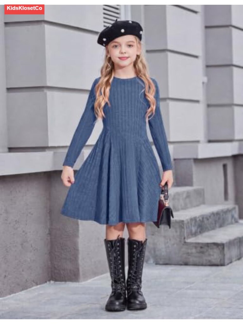 Girls Ribbed Knit Sweater Dress Long Sleeve A-Line Casual Fall Winter - Picture 5 of 6